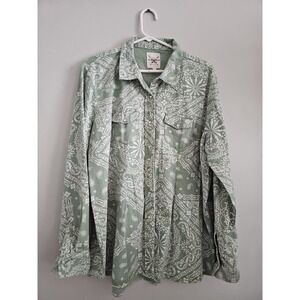 Cotton Rye Green and White Paisley Print Pearl Snap Woman's Size XX Large